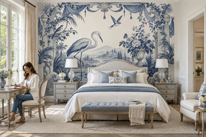 Heron Garden Scene Wallpaper Ornate Columns Wall Mural