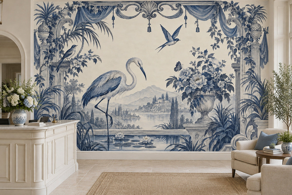 Heron Garden Scene Wallpaper Ornate Columns Wall Mural