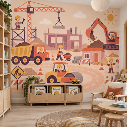 Construction Vehicles Wallpaper Storybook Style Wall Mural