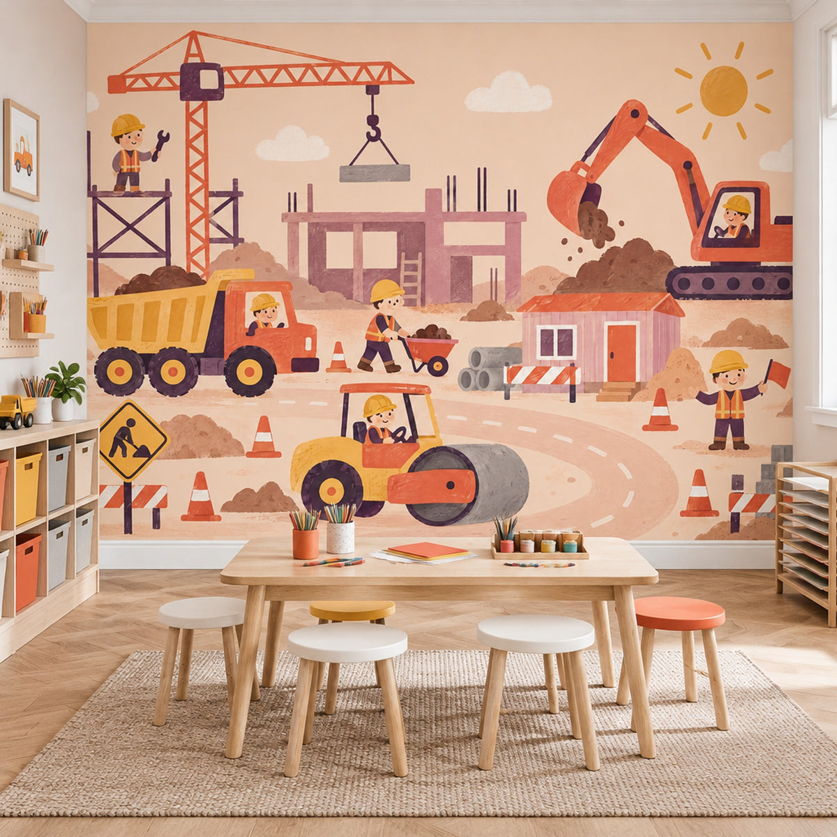 Construction Vehicles Wallpaper Storybook Style Wall Mural