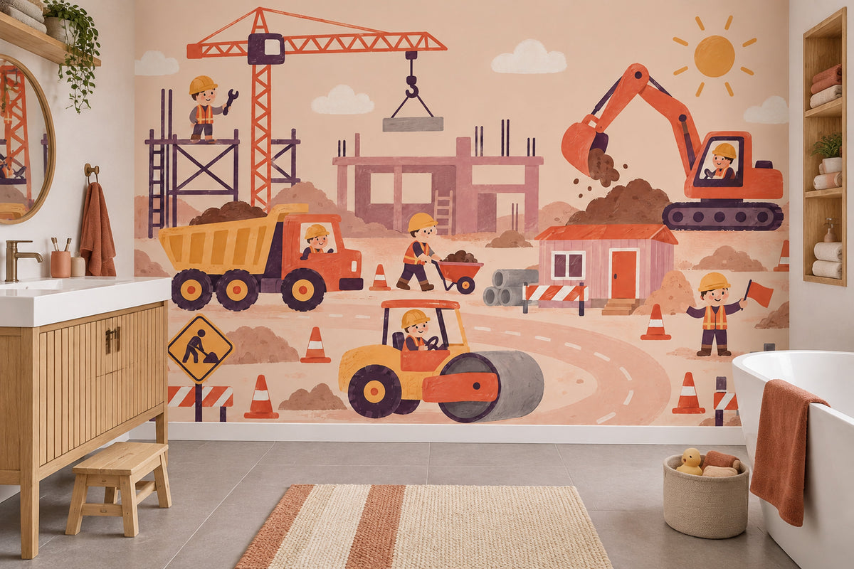 Construction Vehicles Wallpaper Storybook Style Wall Mural
