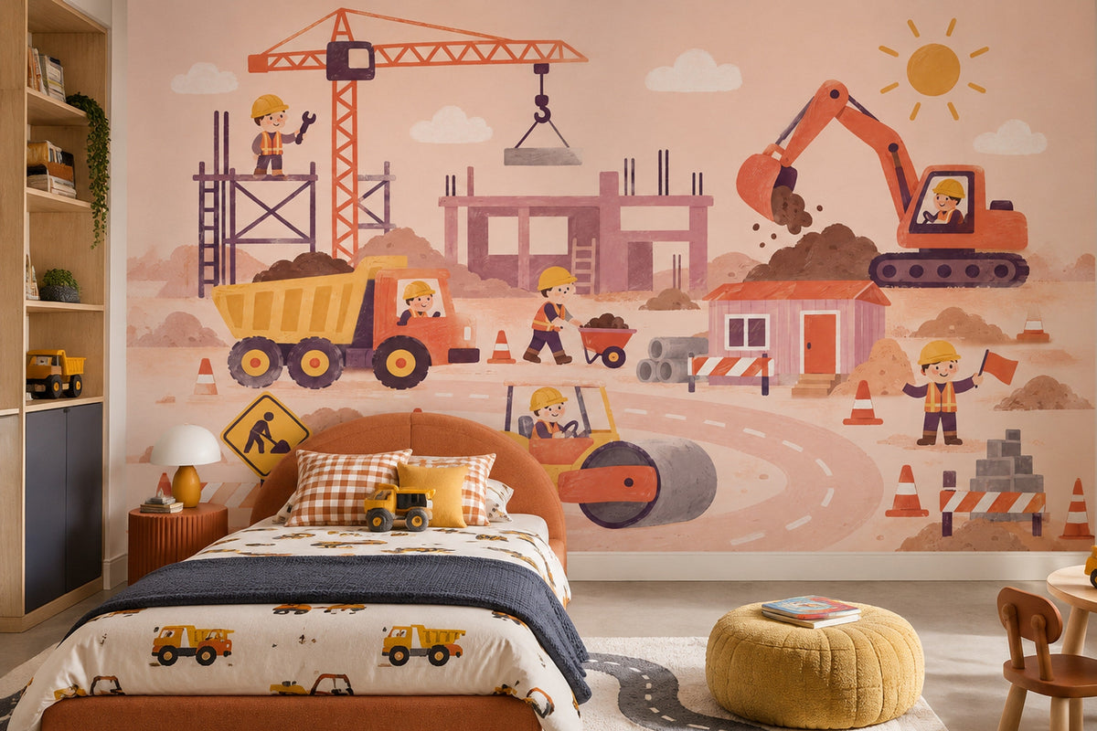 Construction Vehicles Wallpaper Storybook Style Wall Mural