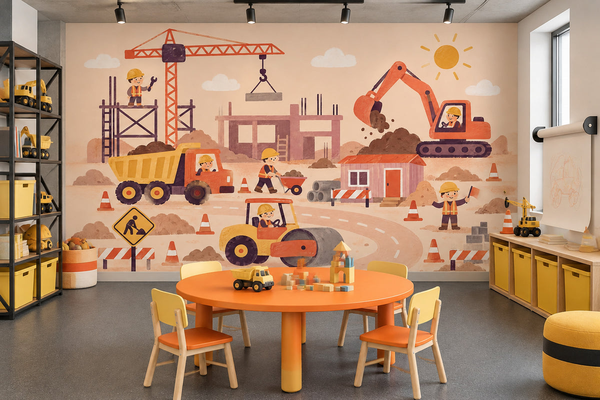 Construction Vehicles Wallpaper Storybook Style Wall Mural