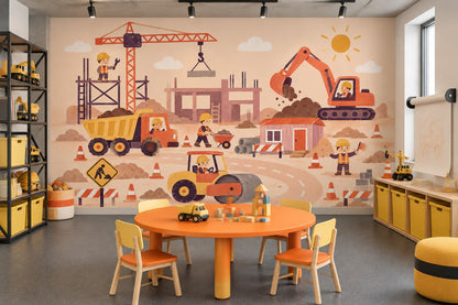 Construction Vehicles Wallpaper Storybook Style Wall Mural