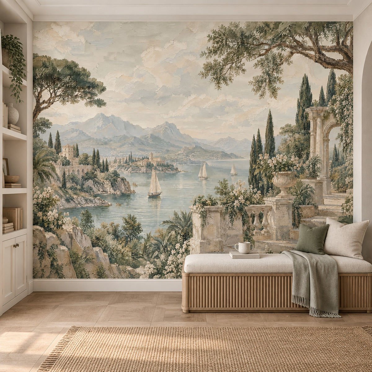 Mediterranean Coast Sailboats Wallpaper Classical Architecture Wall Mural