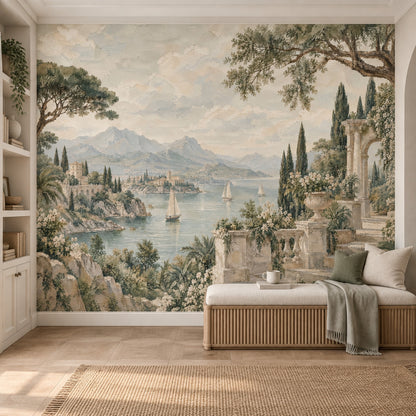 Mediterranean Coast Sailboats Wallpaper Classical Architecture Wall Mural