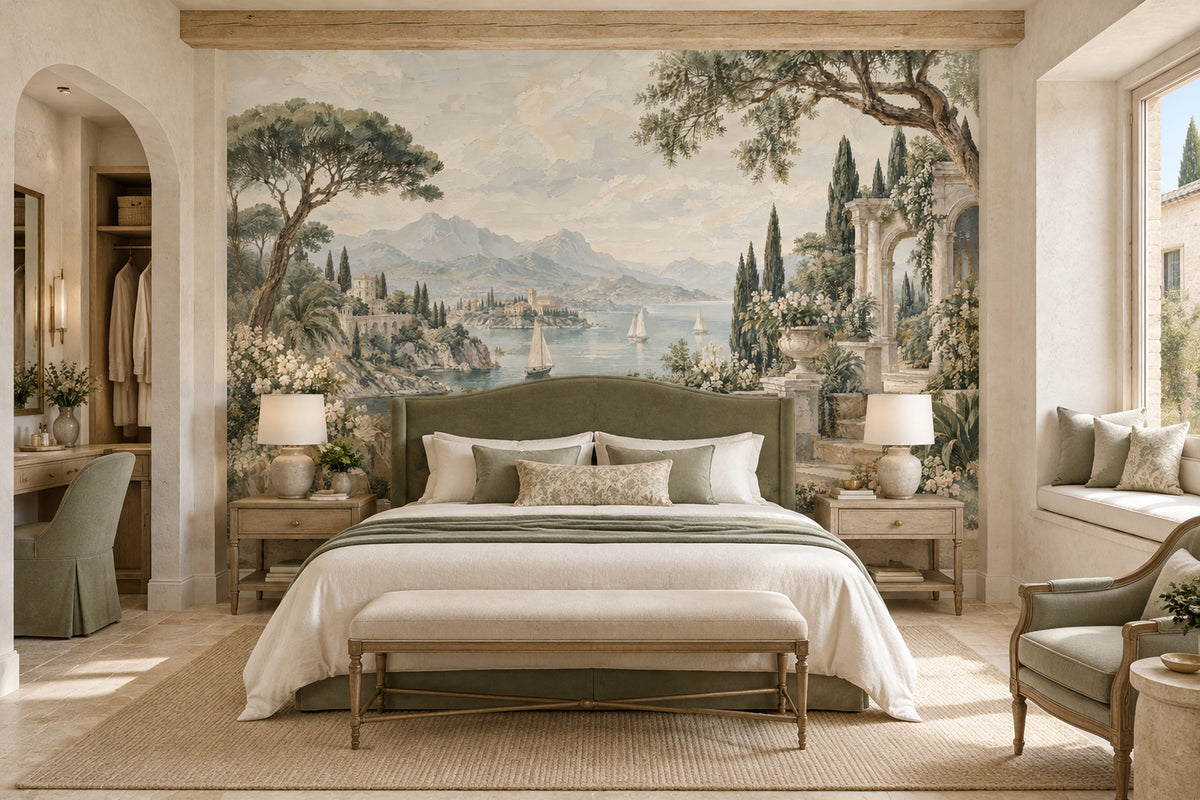Mediterranean Coast Sailboats Wallpaper Classical Architecture Wall Mural