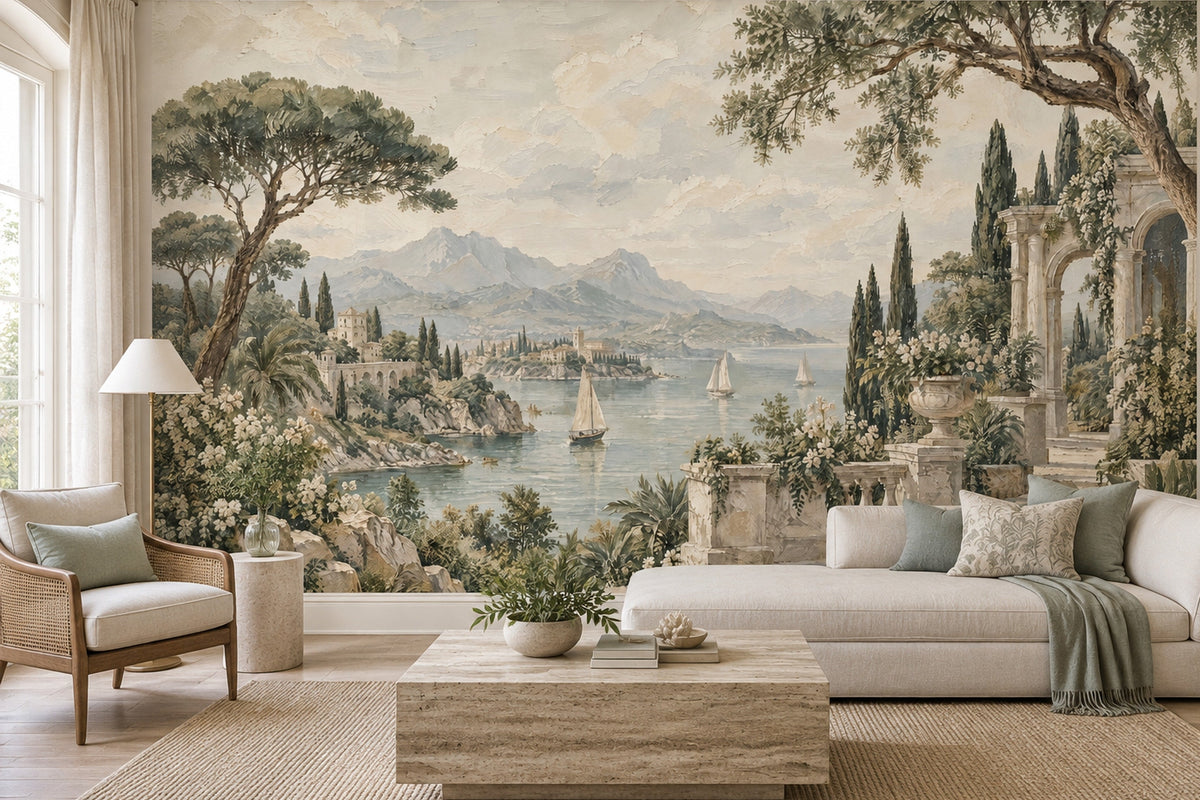 Mediterranean Coast Sailboats Wallpaper Classical Architecture Wall Mural
