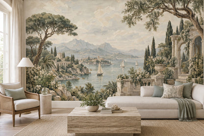Mediterranean Coast Sailboats Wallpaper Classical Architecture Wall Mural