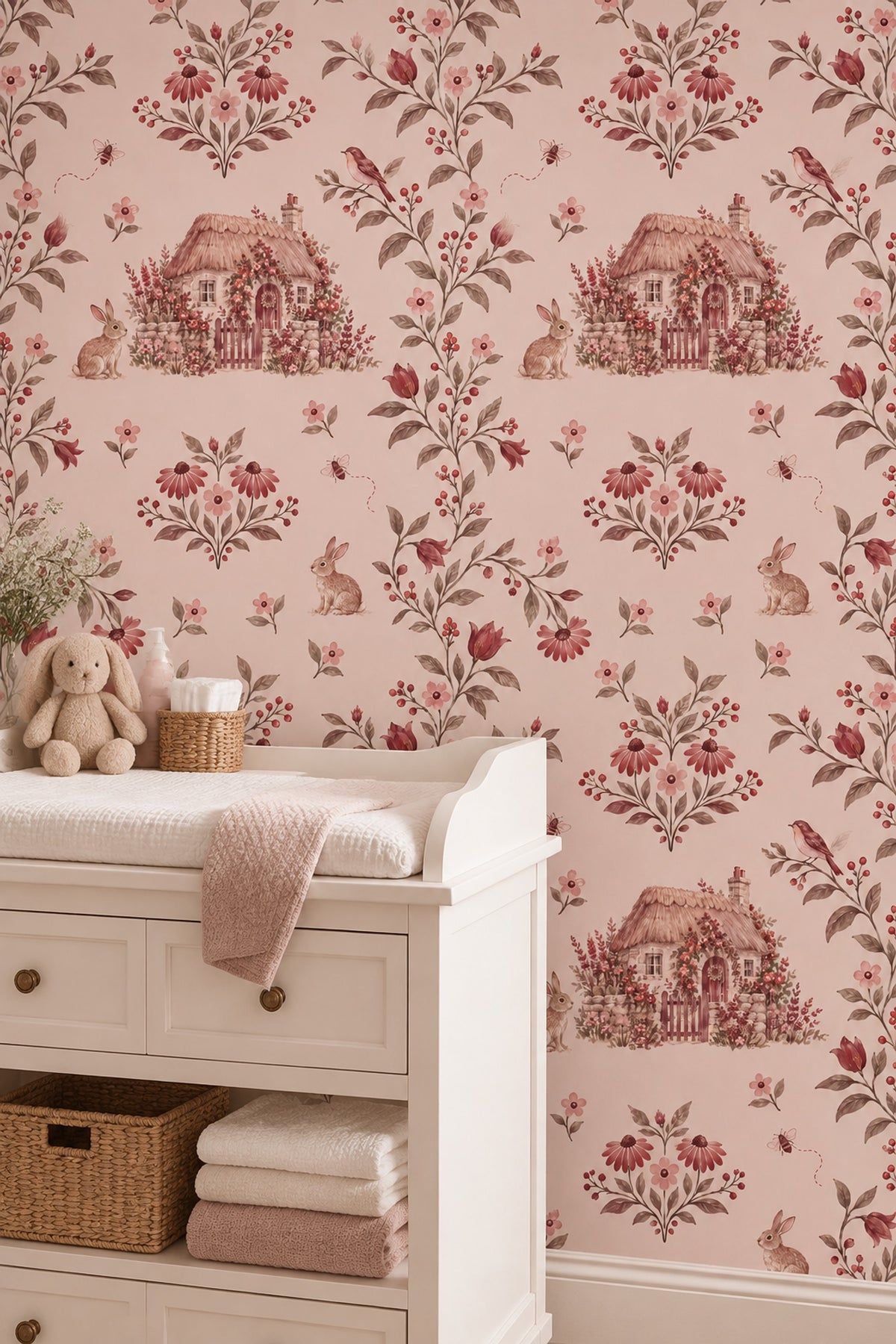 Rabbits In Country Garden Wallpaper Watercolor Pink Floral