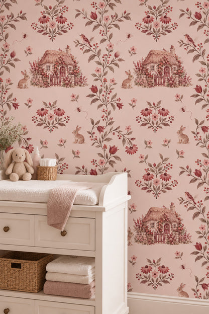Rabbits In Country Garden Wallpaper Watercolor Pink Floral
