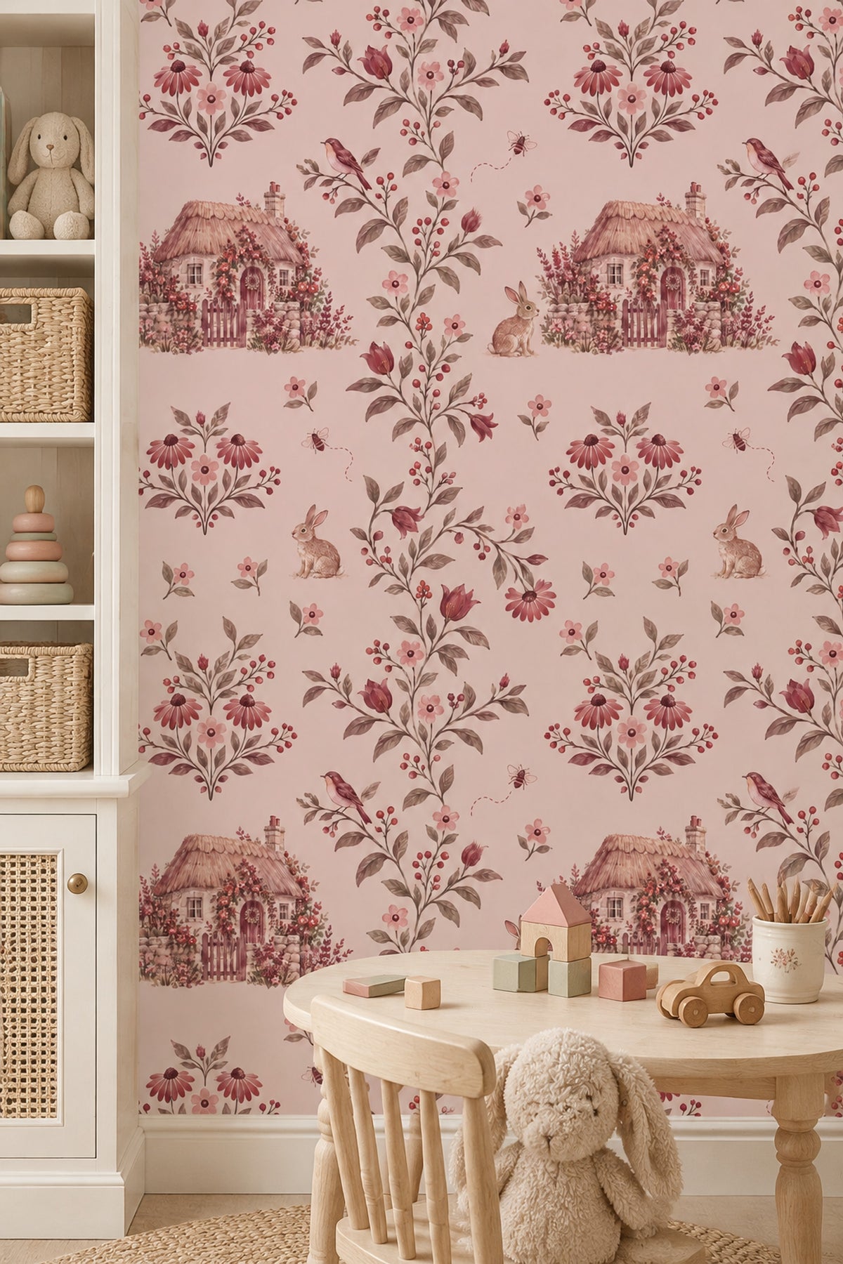Rabbits In Country Garden Wallpaper Watercolor Pink Floral