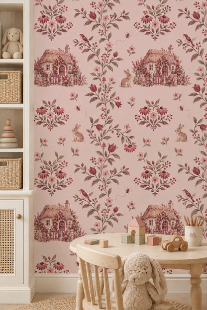 Rabbits In Country Garden Wallpaper Watercolor Pink Floral