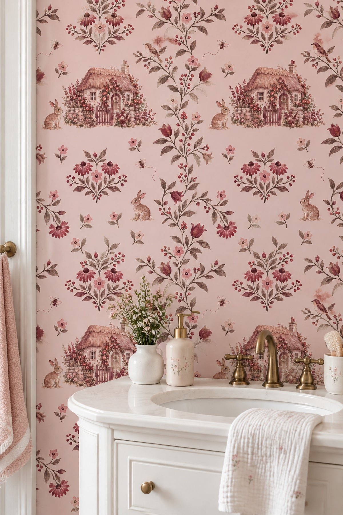 Rabbits In Country Garden Wallpaper Watercolor Pink Floral