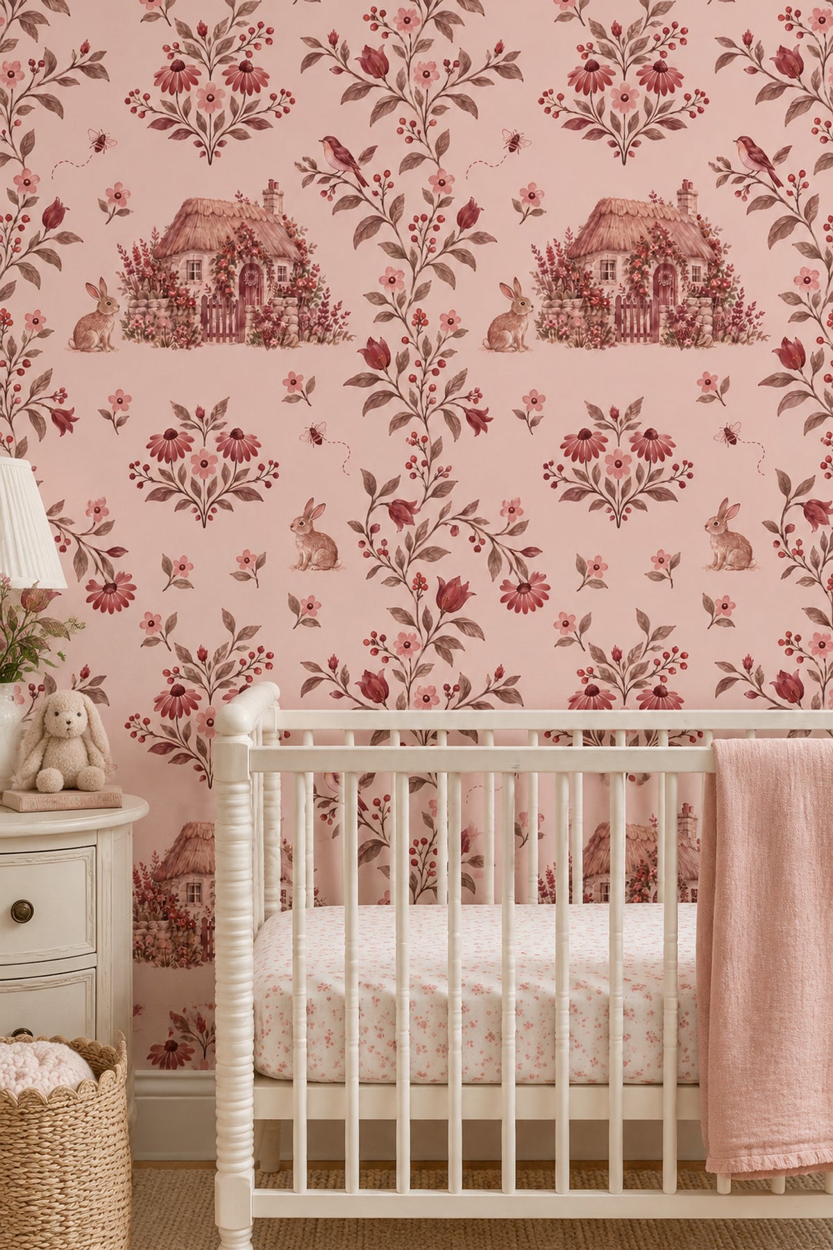 Rabbits In Country Garden Wallpaper Watercolor Pink Floral