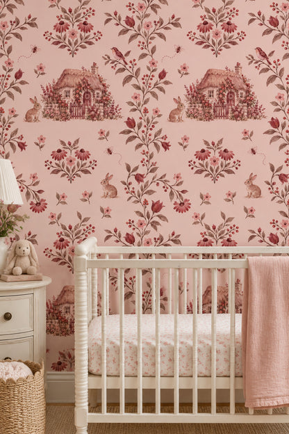 Rabbits In Country Garden Wallpaper Watercolor Pink Floral