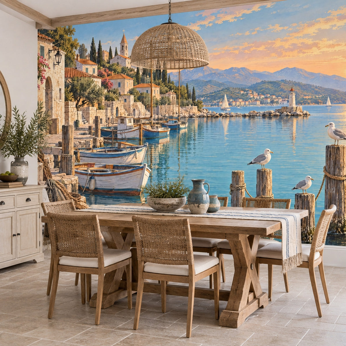 Mediterranean Coastal Harbor Wallpaper Sunset Village Wall Mural
