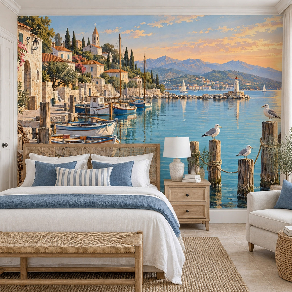 Mediterranean Coastal Harbor Wallpaper Sunset Village Wall Mural