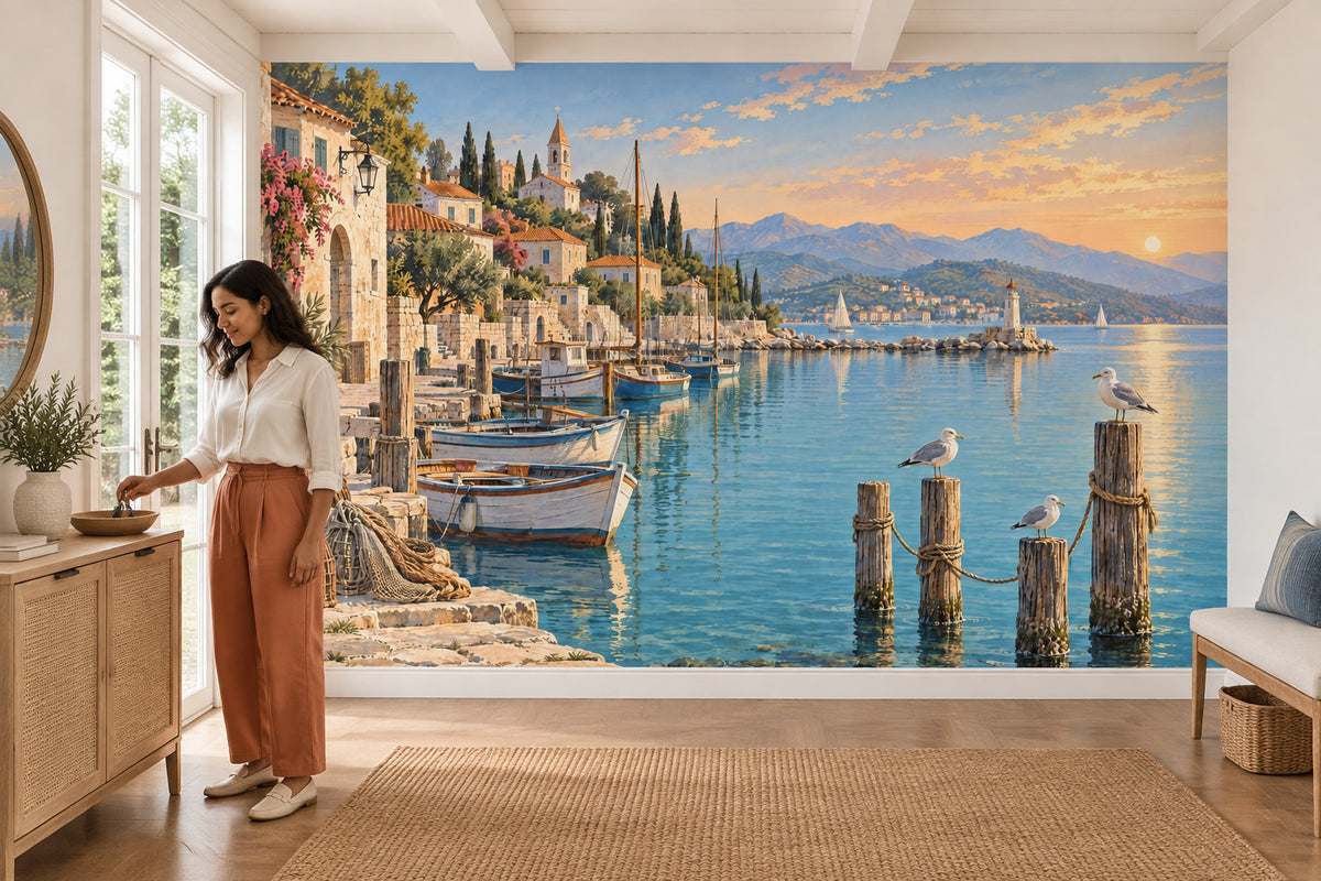 Mediterranean Coastal Harbor Wallpaper Sunset Village Wall Mural