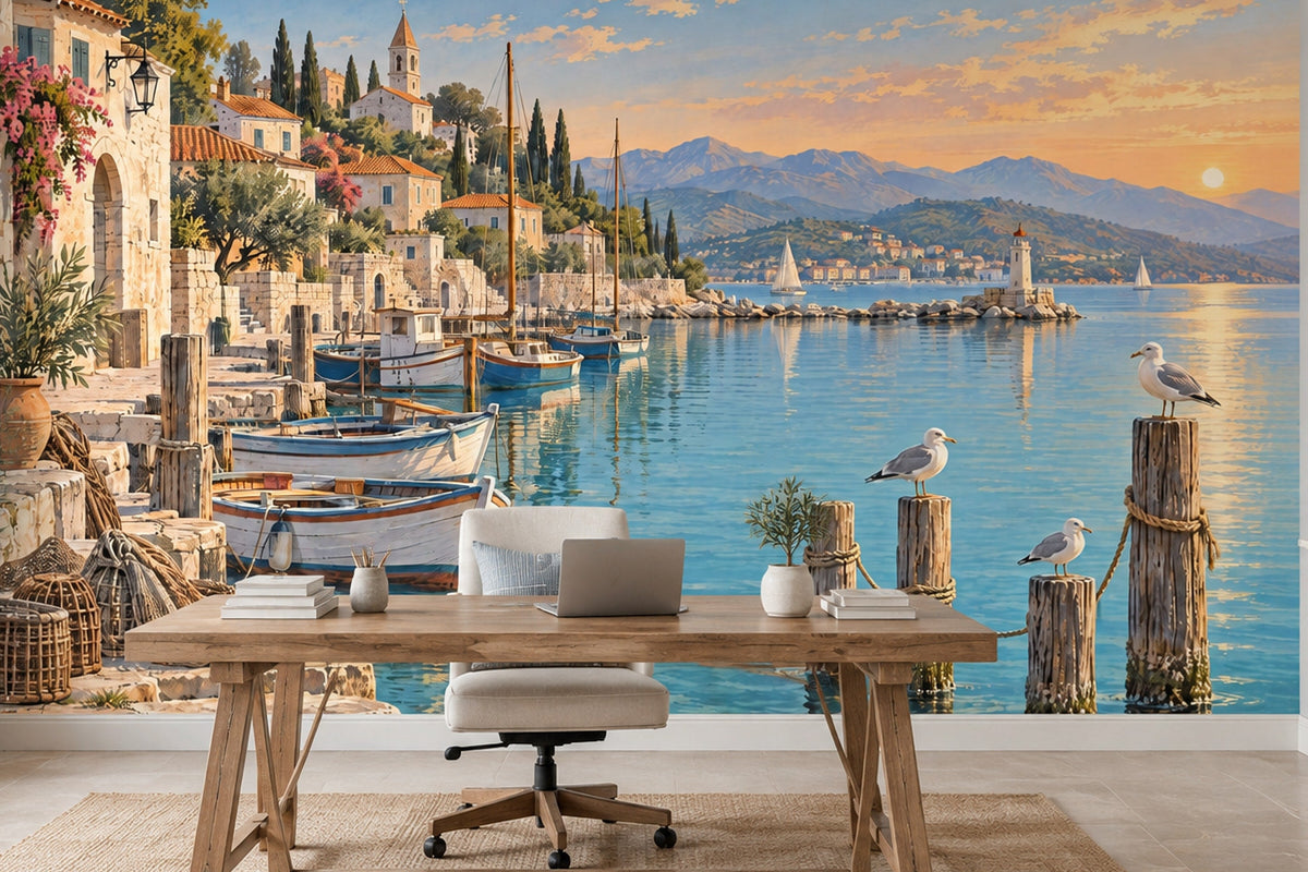 Mediterranean Coastal Harbor Wallpaper Sunset Village Wall Mural