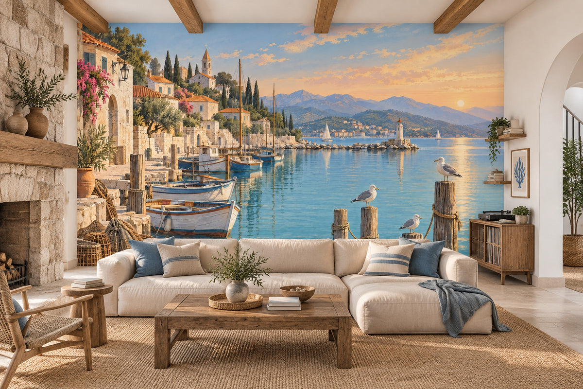Mediterranean Coastal Harbor Wallpaper Sunset Village Wall Mural