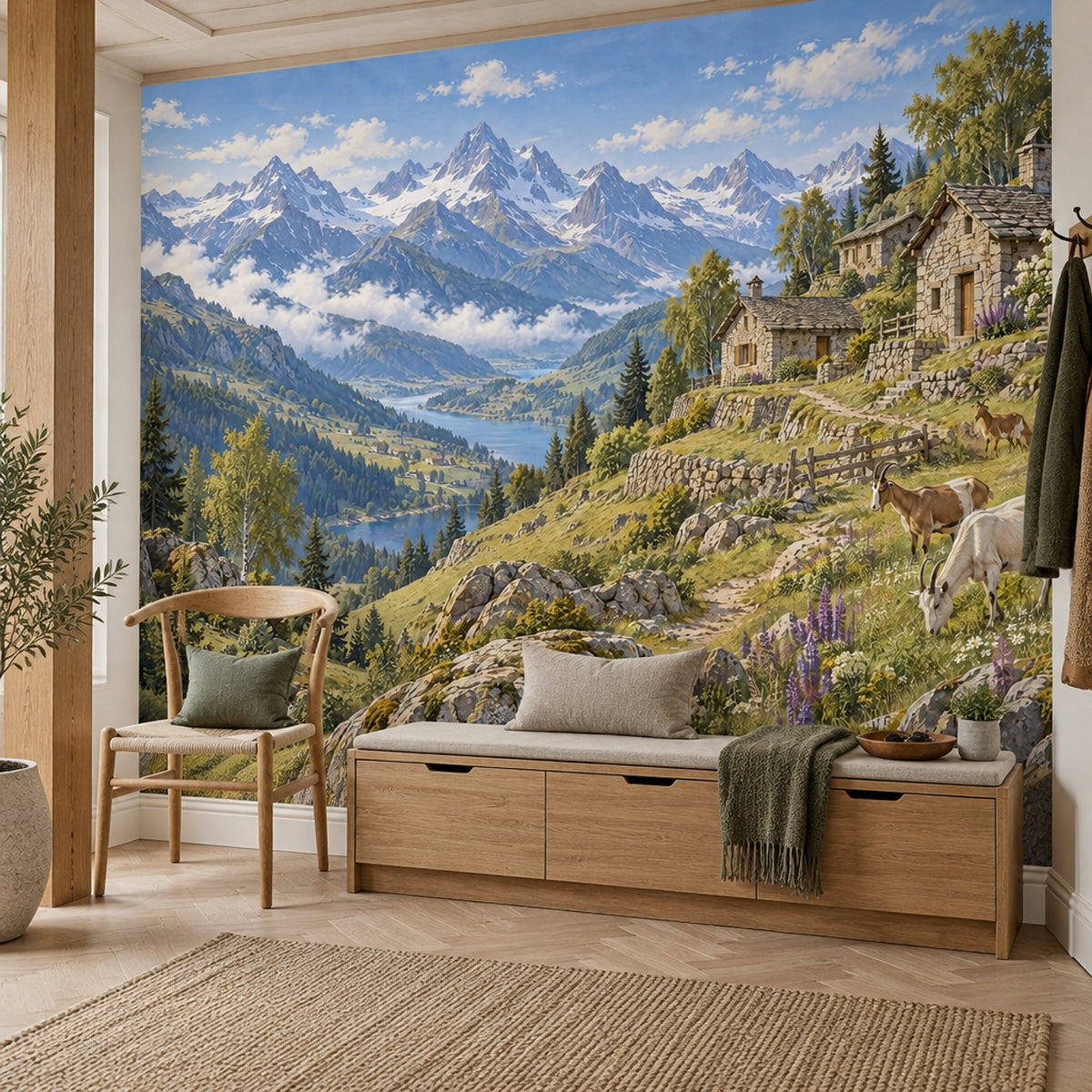 Panoramic Alpine Landscape Wallpaper Stone Cottages Wall Mural