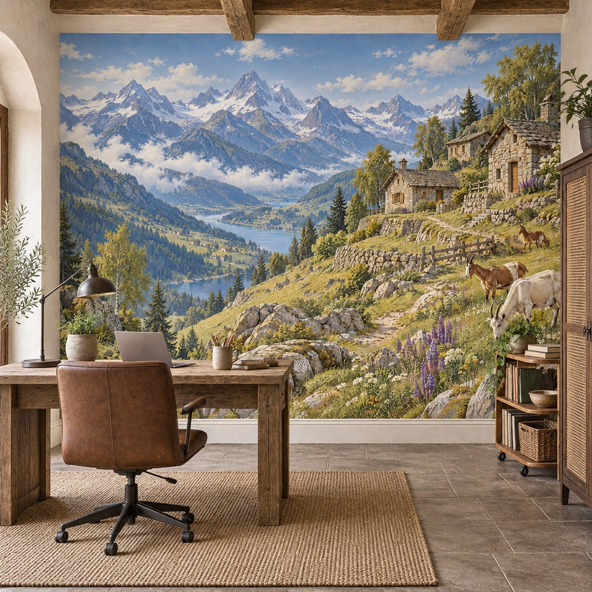 Panoramic Alpine Landscape Wallpaper Stone Cottages Wall Mural