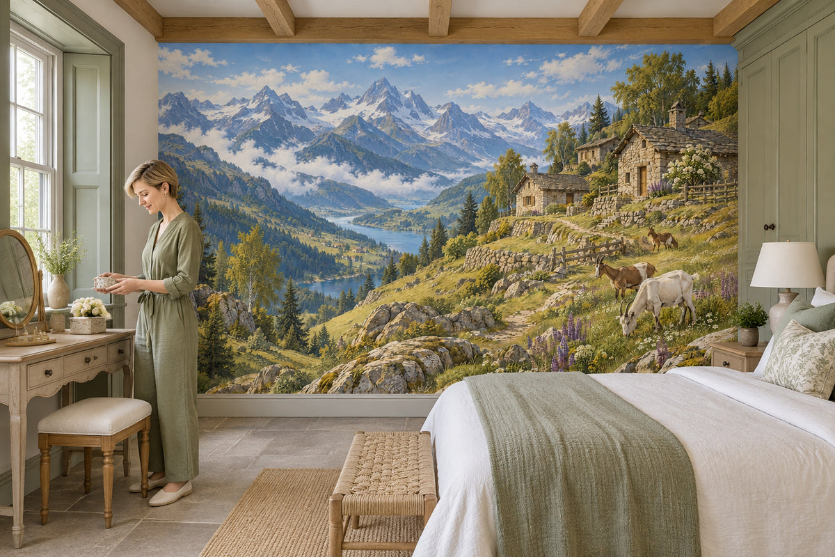 Panoramic Alpine Landscape Wallpaper Stone Cottages Wall Mural