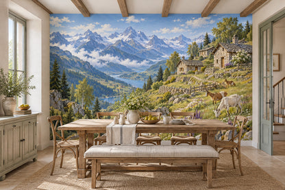 Panoramic Alpine Landscape Wallpaper Stone Cottages Wall Mural