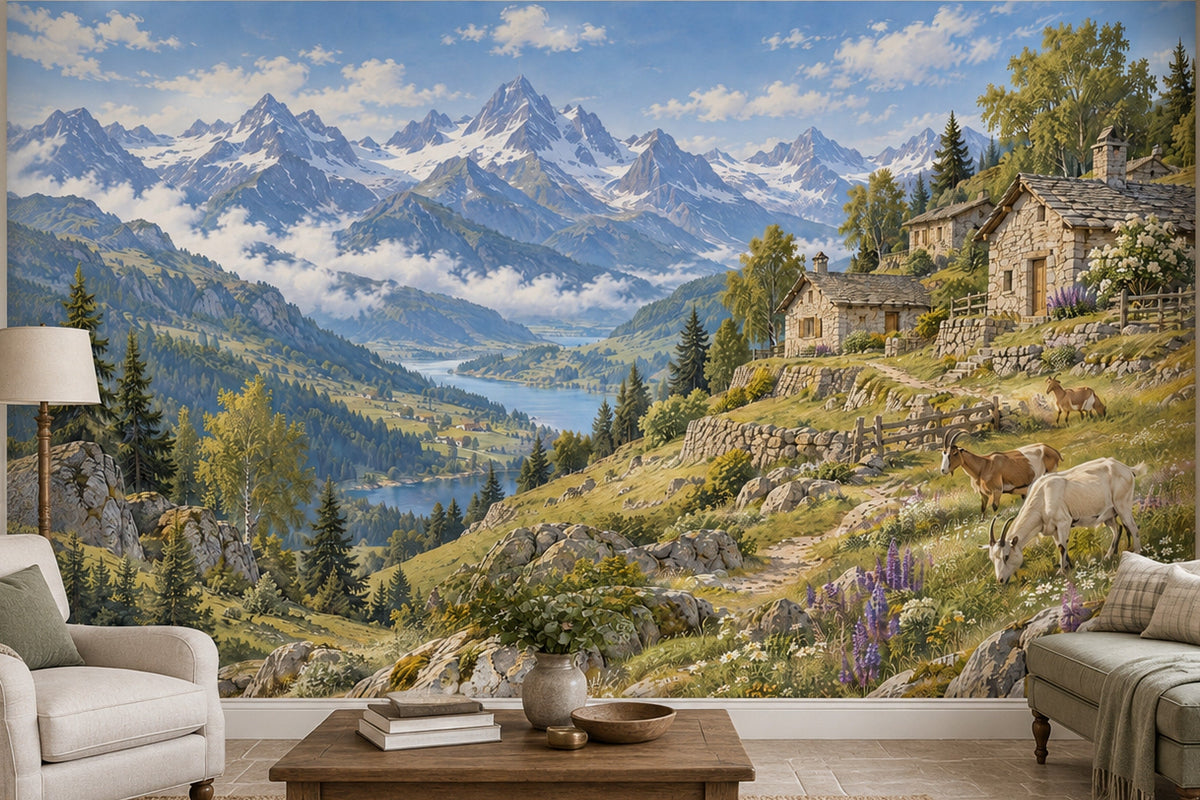 Panoramic Alpine Landscape Wallpaper Stone Cottages Wall Mural