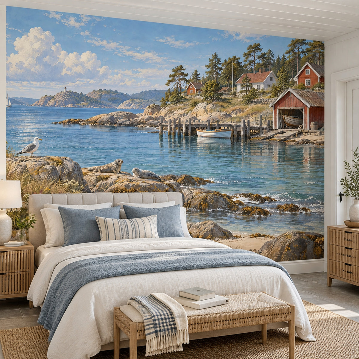 Rocky Shore And Boats Wallpaper Coastal Landscape Wall Mural