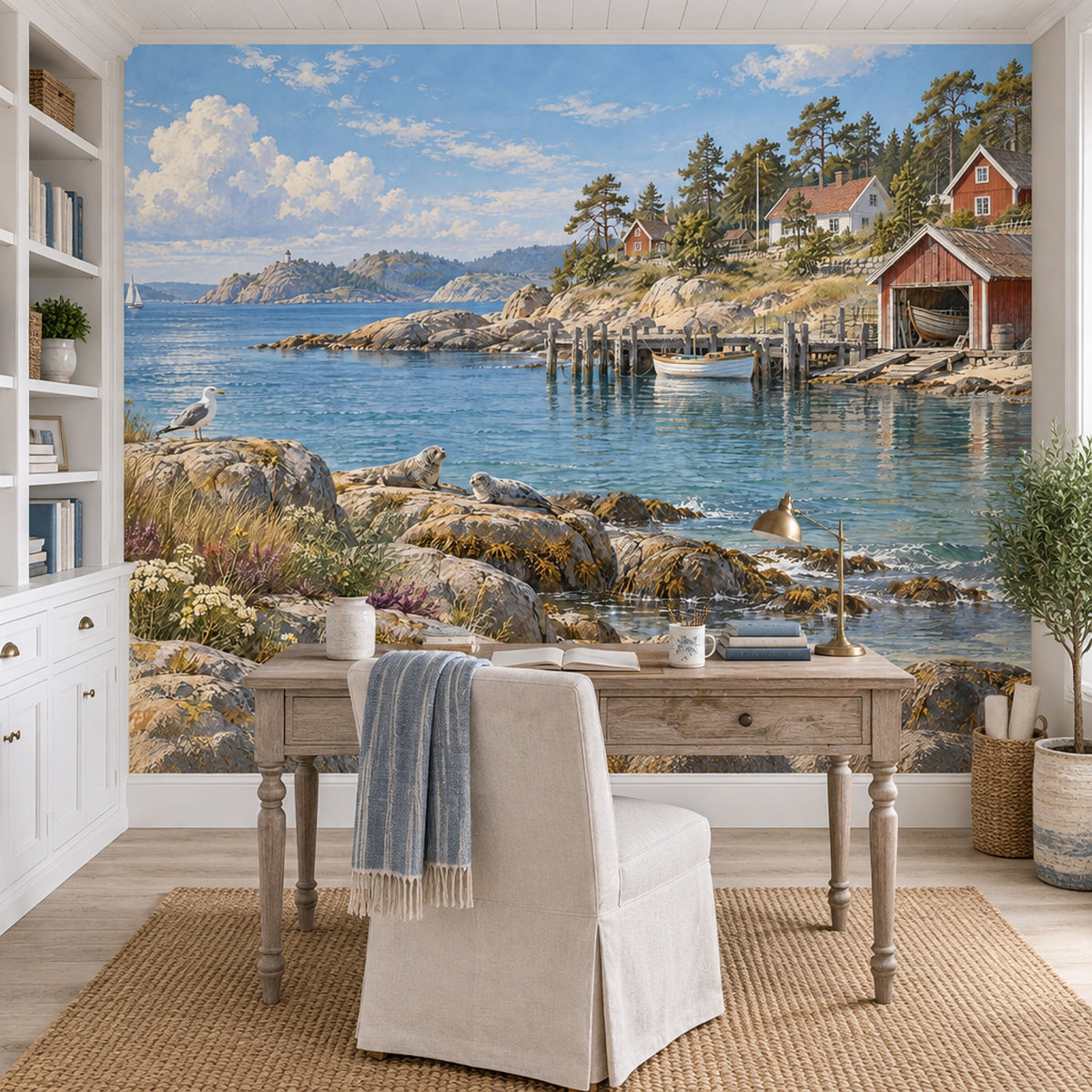 Rocky Shore And Boats Wallpaper Coastal Landscape Wall Mural