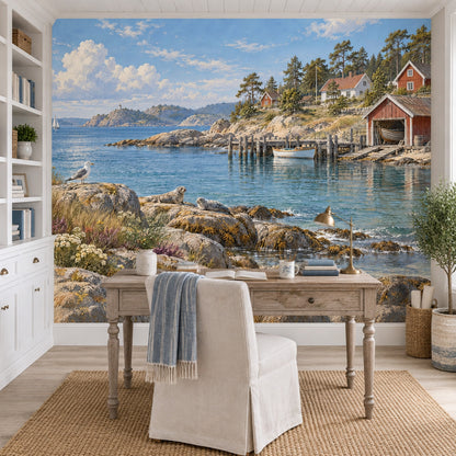 Rocky Shore And Boats Wallpaper Coastal Landscape Wall Mural