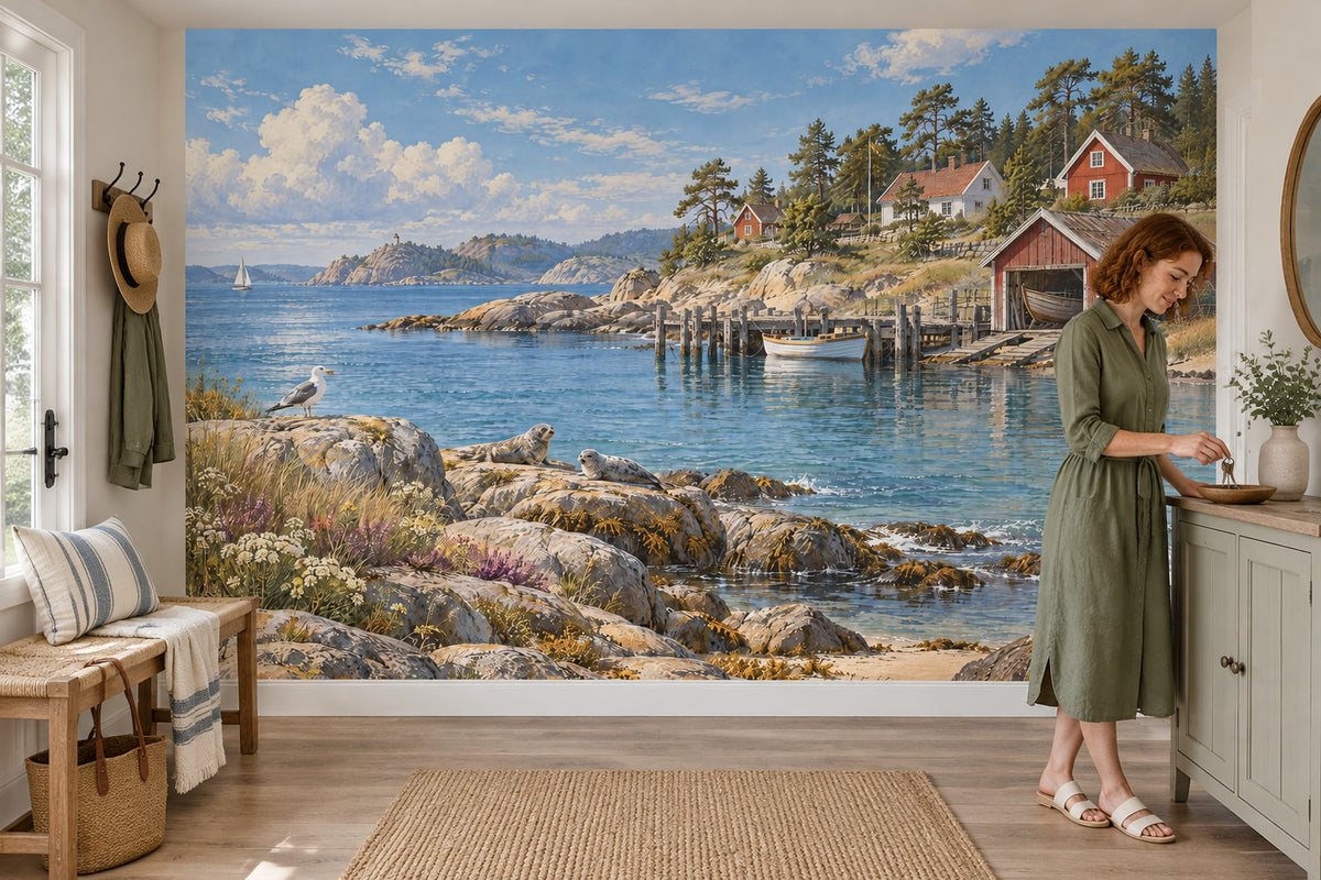Rocky Shore And Boats Wallpaper Coastal Landscape Wall Mural