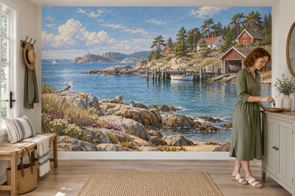 Rocky Shore And Boats Wallpaper Coastal Landscape Wall Mural