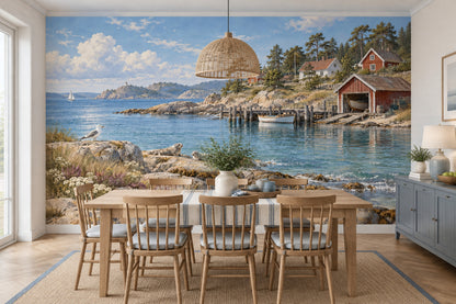 Rocky Shore And Boats Wallpaper Coastal Landscape Wall Mural