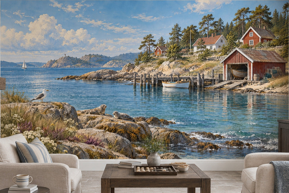 Rocky Shore And Boats Wallpaper Coastal Landscape Wall Mural