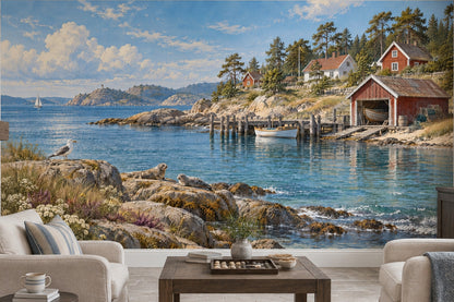 Rocky Shore And Boats Wallpaper Coastal Landscape Wall Mural