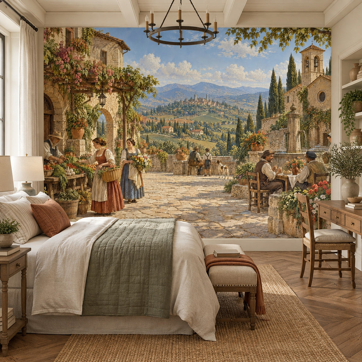 Tuscan Market Square Wallpaper Panoramic Stone Village Wall Mural