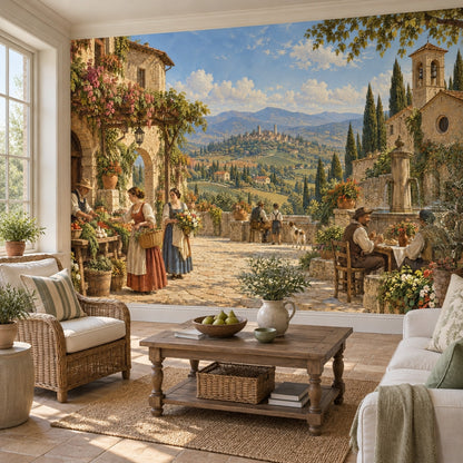Tuscan Market Square Wallpaper Panoramic Stone Village Wall Mural