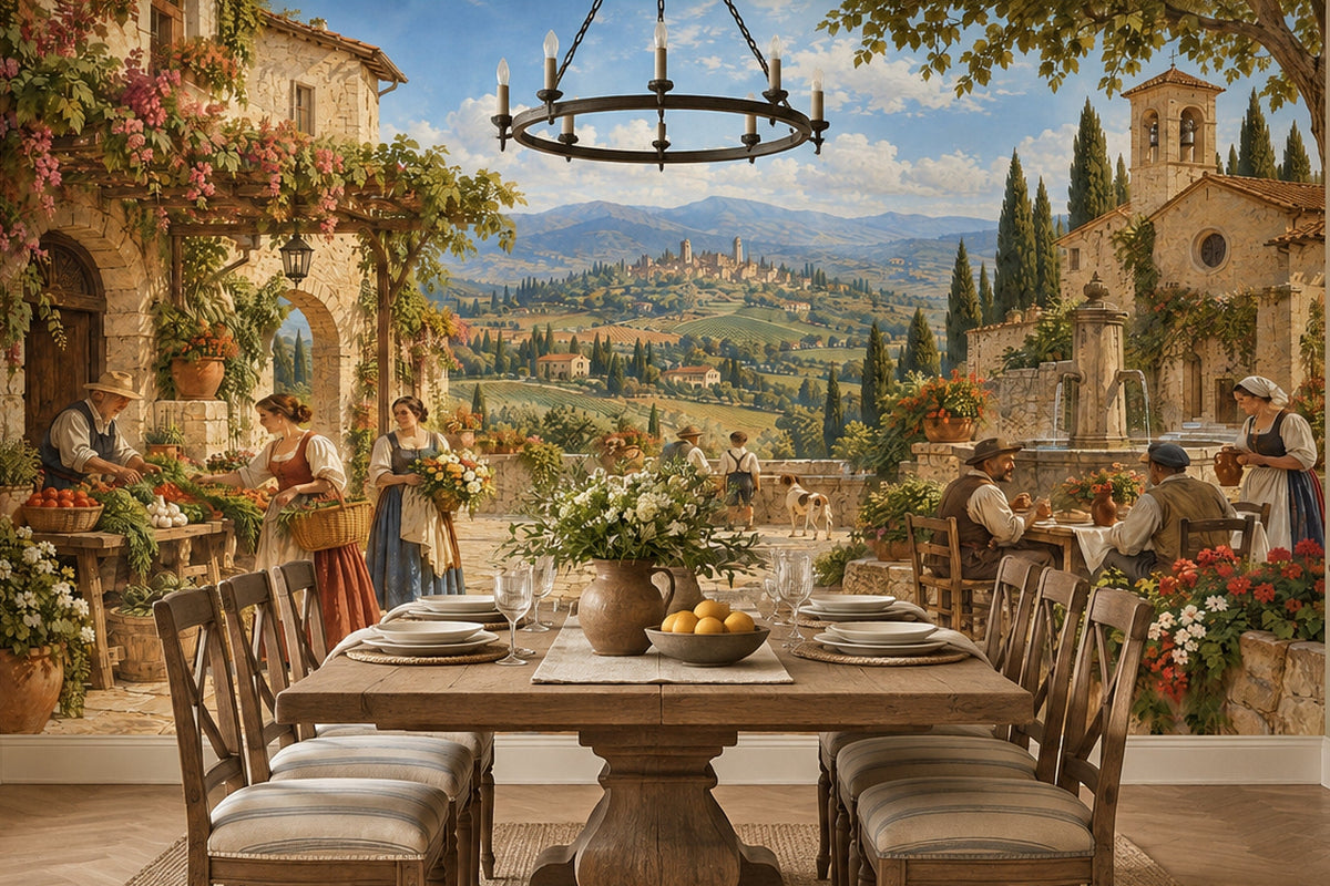 Tuscan Market Square Wallpaper Panoramic Stone Village Wall Mural