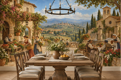 Tuscan Market Square Wallpaper Panoramic Stone Village Wall Mural