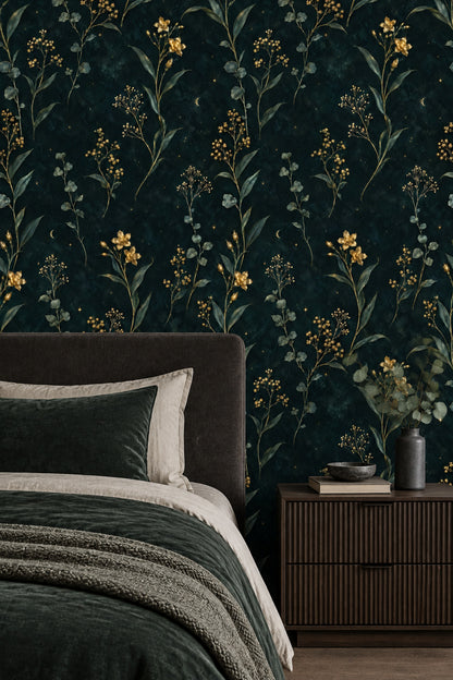 Golden Floral Branches Wallpaper Dark Emerald Moon And Stars