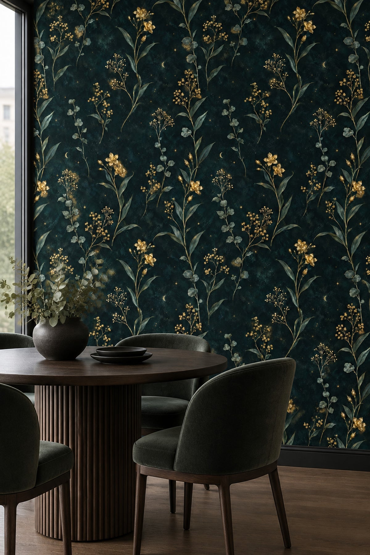 Golden Floral Branches Wallpaper Dark Emerald Moon And Stars