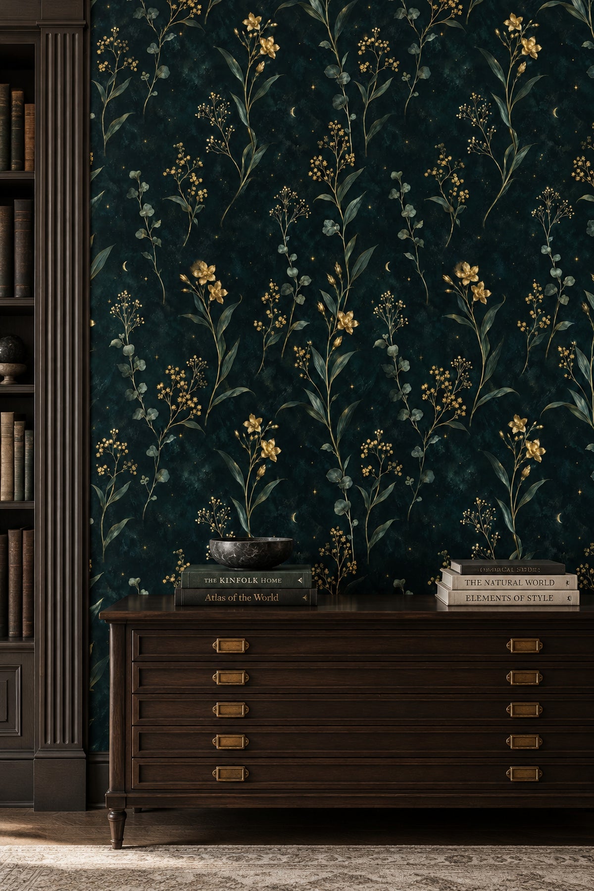 Golden Floral Branches Wallpaper Dark Emerald Moon And Stars