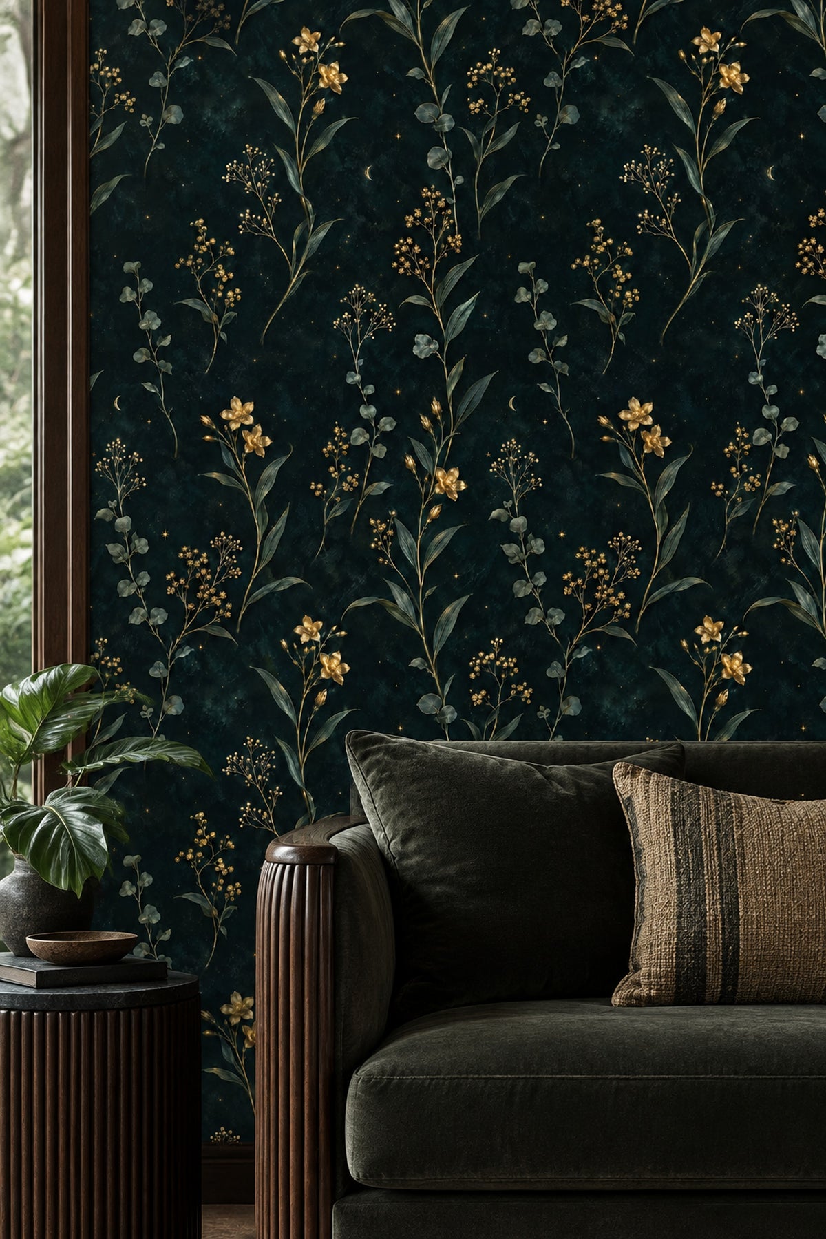 Golden Floral Branches Wallpaper Dark Emerald Moon And Stars