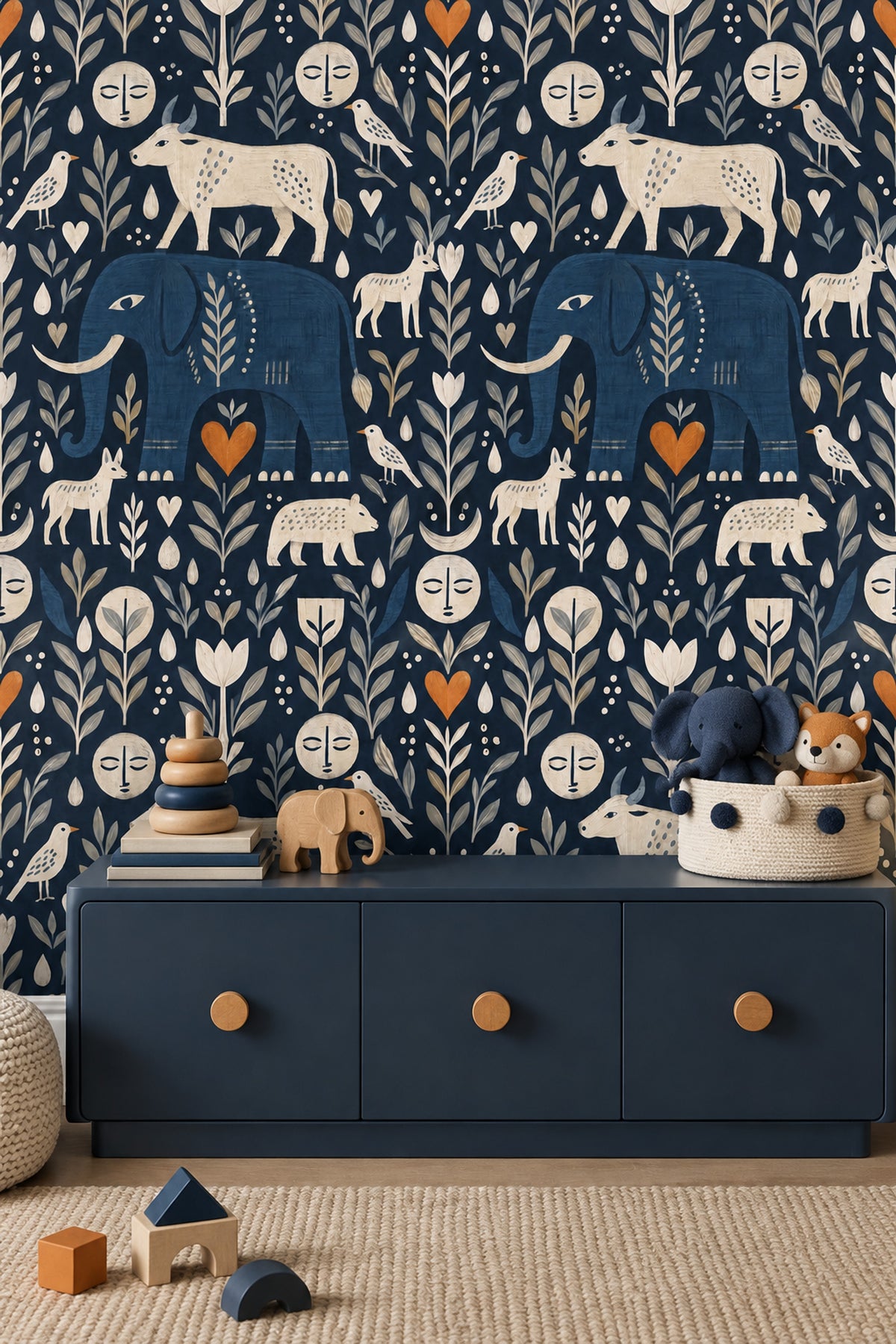 Blue Elephant And Cow Wallpaper In Dark Navy Folk Art Style