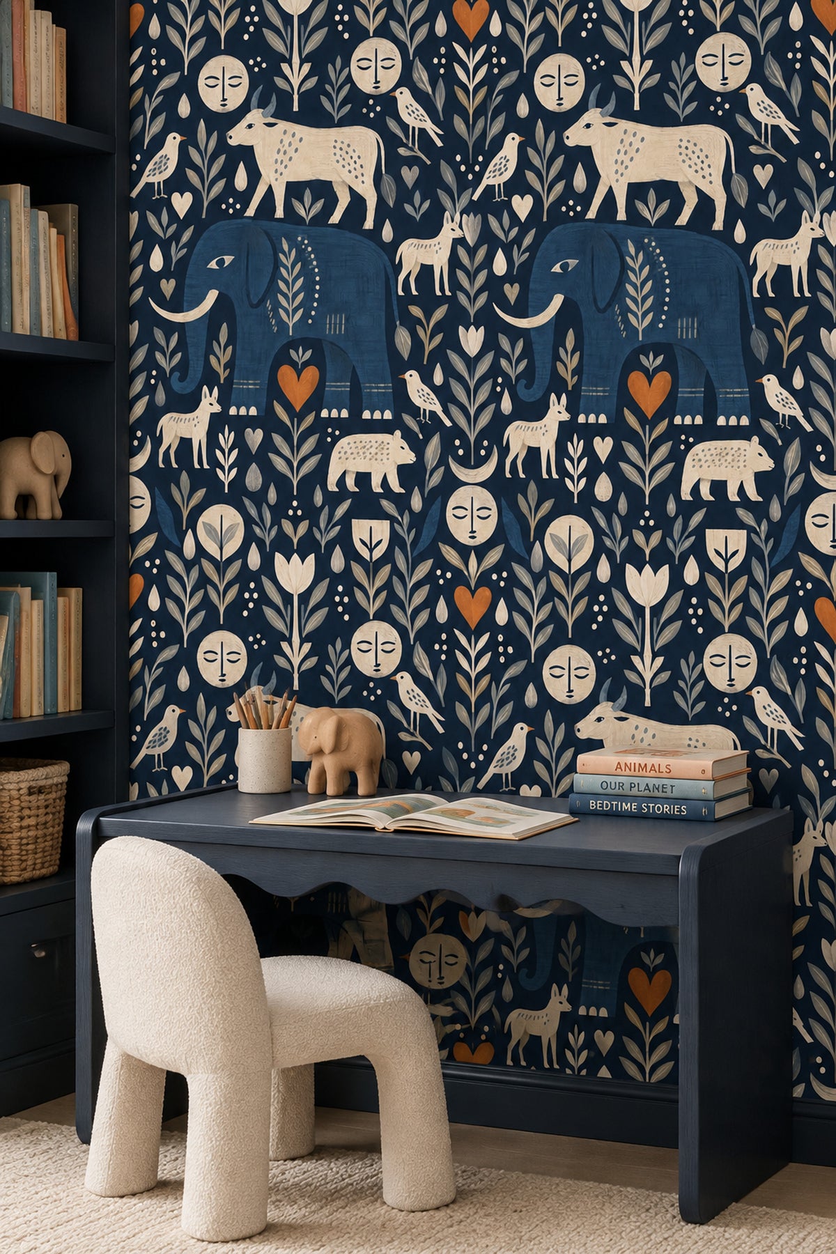 Blue Elephant And Cow Wallpaper In Dark Navy Folk Art Style