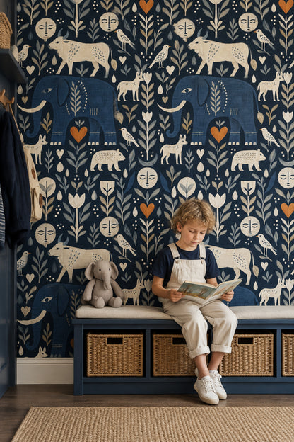 Blue Elephant And Cow Wallpaper In Dark Navy Folk Art Style