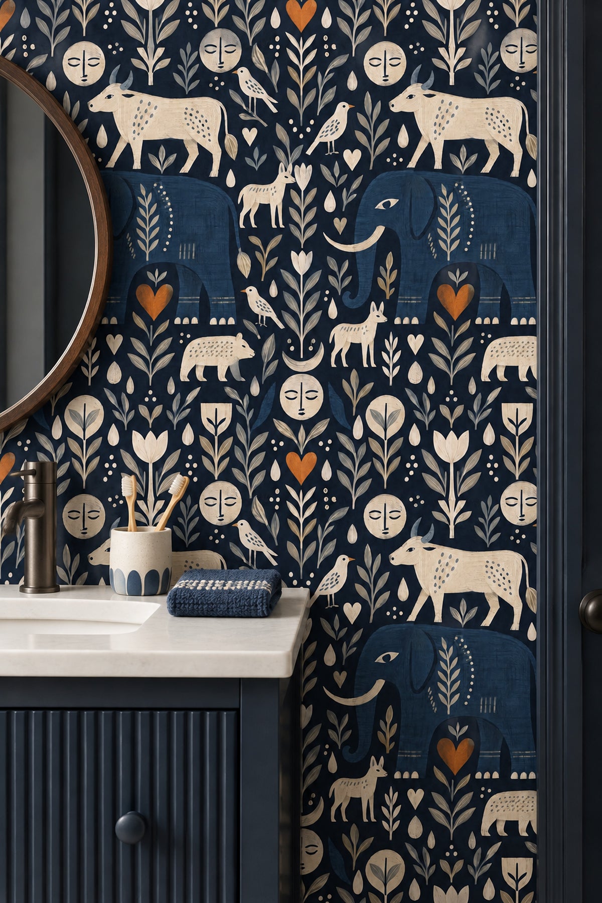 Blue Elephant And Cow Wallpaper In Dark Navy Folk Art Style